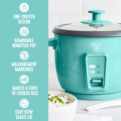 GreenLife Rice Cooker with Removable PFAS-Free Ceramic Nonstick Pot, 3-Cups Uncooked/6-Cups Cooked, Grains & Oatmeal Multicooker, Compact One-Switch Design, Auto Keep Warm, Easy Clean, Cream