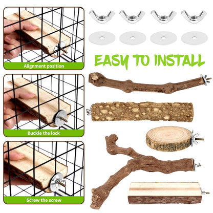8 PCS Bird Perch Set for Cage - Natural Apple Wood Platforms & Hardwood Branches for Parakeets, Budgies, Cockatiels - Small Bird Habitat Gym, Climbing Stand & Safe Chew Toys