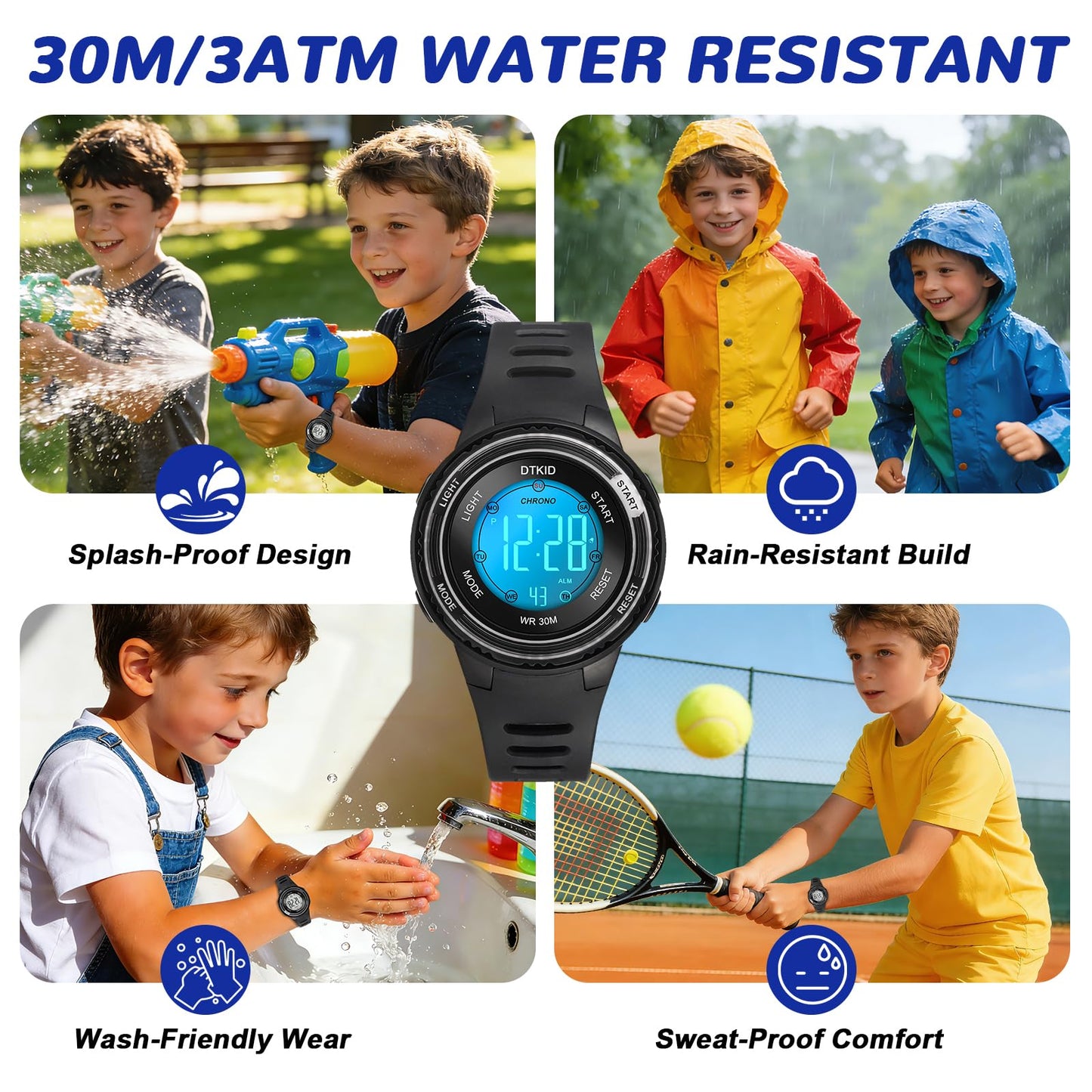 DTKID Digital Kids Watch 30 M Waterproof, 7 Color Lights Time Teaching Watch Easy to Read for Girls Boys 5-16