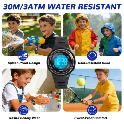 DTKID Digital Kids Watch 30 M Waterproof, 7 Color Lights Time Teaching Watch Easy to Read for Girls Boys 5-16
