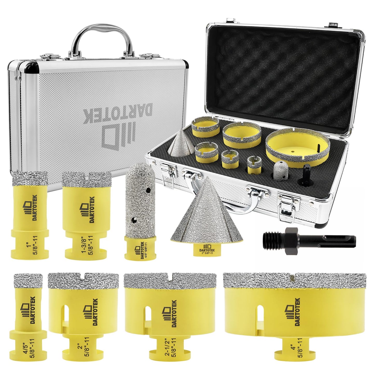 Diamond Core Drill Bits Set for Tile, DARTOTEK 10PCS Porcelain Hole Saw Kit with Aluminum Case, (6/6/8/20/35/50/65mm+2" Chamfer bit +SDS Adapter, Dry/Wet Drilling for Ceramic, Granite & Marble