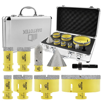Diamond Core Drill Bits Set for Tile, DARTOTEK 10PCS Porcelain Hole Saw Kit with Aluminum Case, (6/6/8/20/35/50/65mm+2" Chamfer bit +SDS Adapter, Dry/Wet Drilling for Ceramic, Granite & Marble