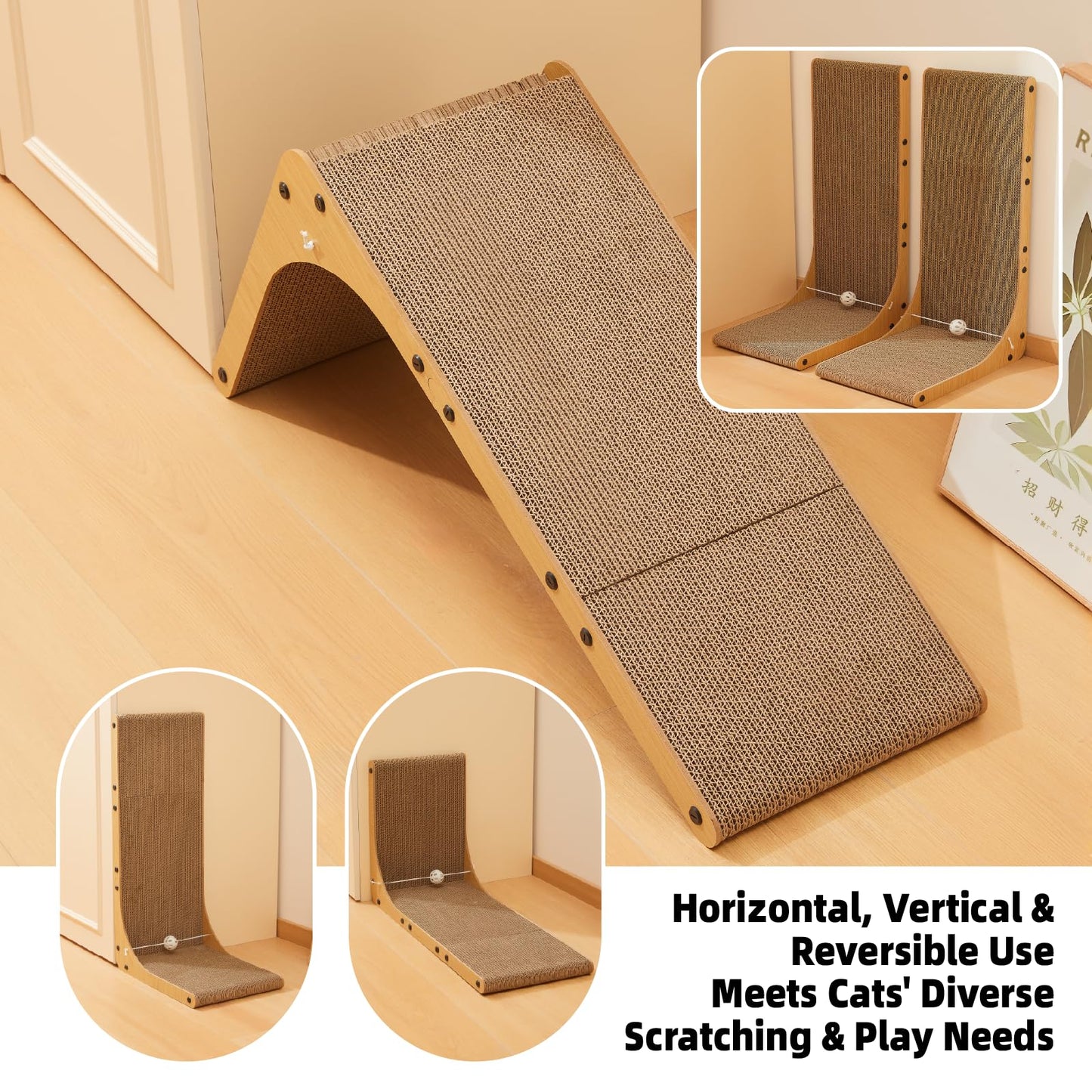 Value 2-Pack 23.6 Inch L-Shaped Cardboard Cat Scratcher, Dual Use (Vert/Horiz) Scratch Pad with Toy Balls, Wall-Mountable Furniture Protector Cat Scratchers for Indoor Cats
