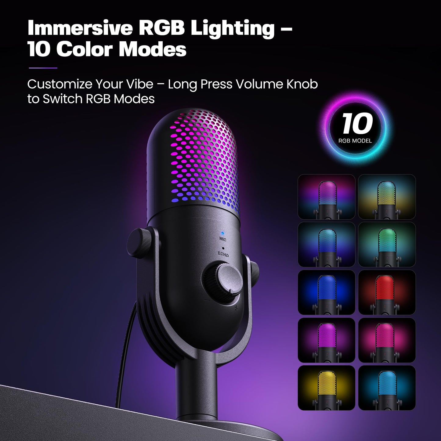 USB Microphone for PC Gaming: Condenser Microphone RGB for Gamer with Stand Mic - Recording Mic for Computer&Laptop with Qiuck Mute - Desk Podcast Mic for Podcast & Singing & Streaming & Youtube Black