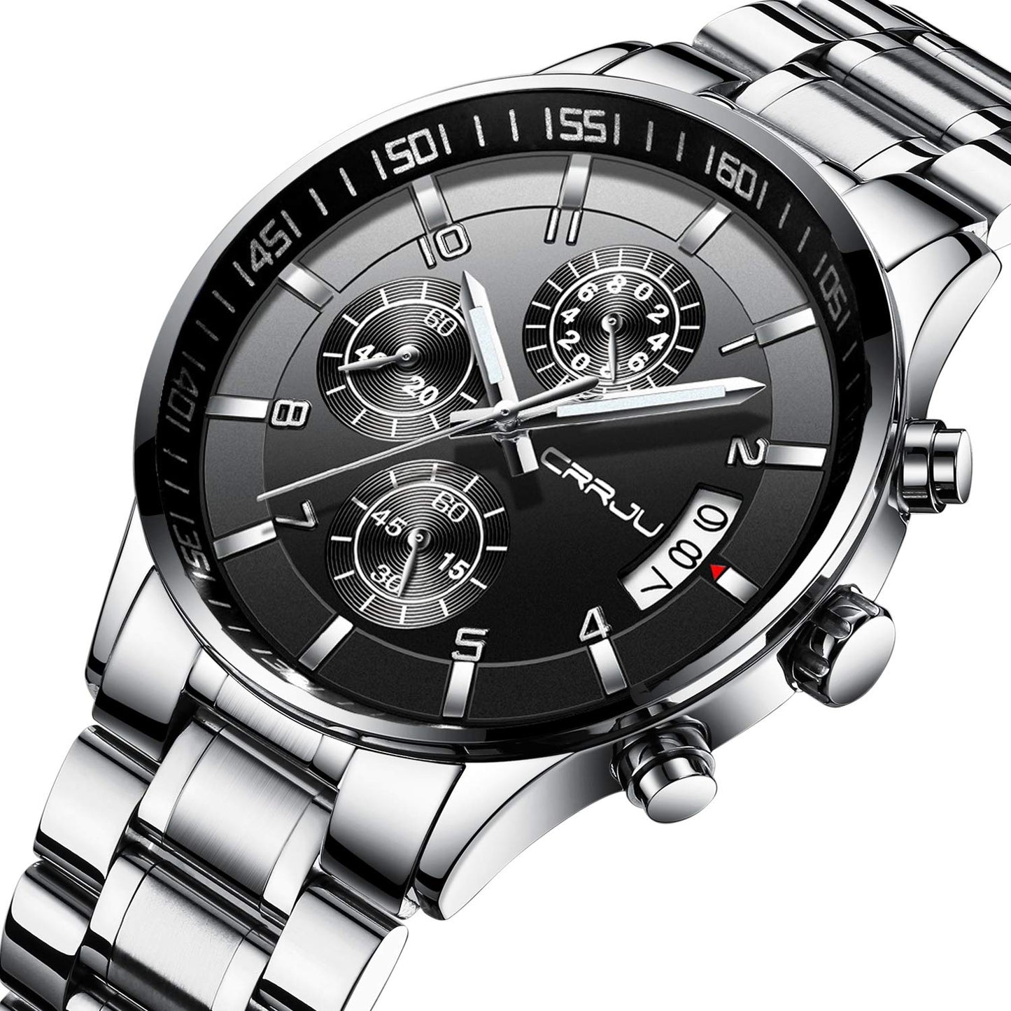 CRRJU Men's Fashion Stainless Steel Watches Date Waterproof Chronograph Wristwatches,Black Steel Band Waterproof Quartz Watch for Men