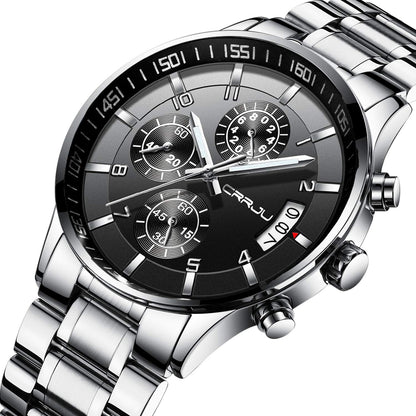 CRRJU Men's Fashion Stainless Steel Watches Date Waterproof Chronograph Wristwatches,Black Steel Band Waterproof Quartz Watch for Men