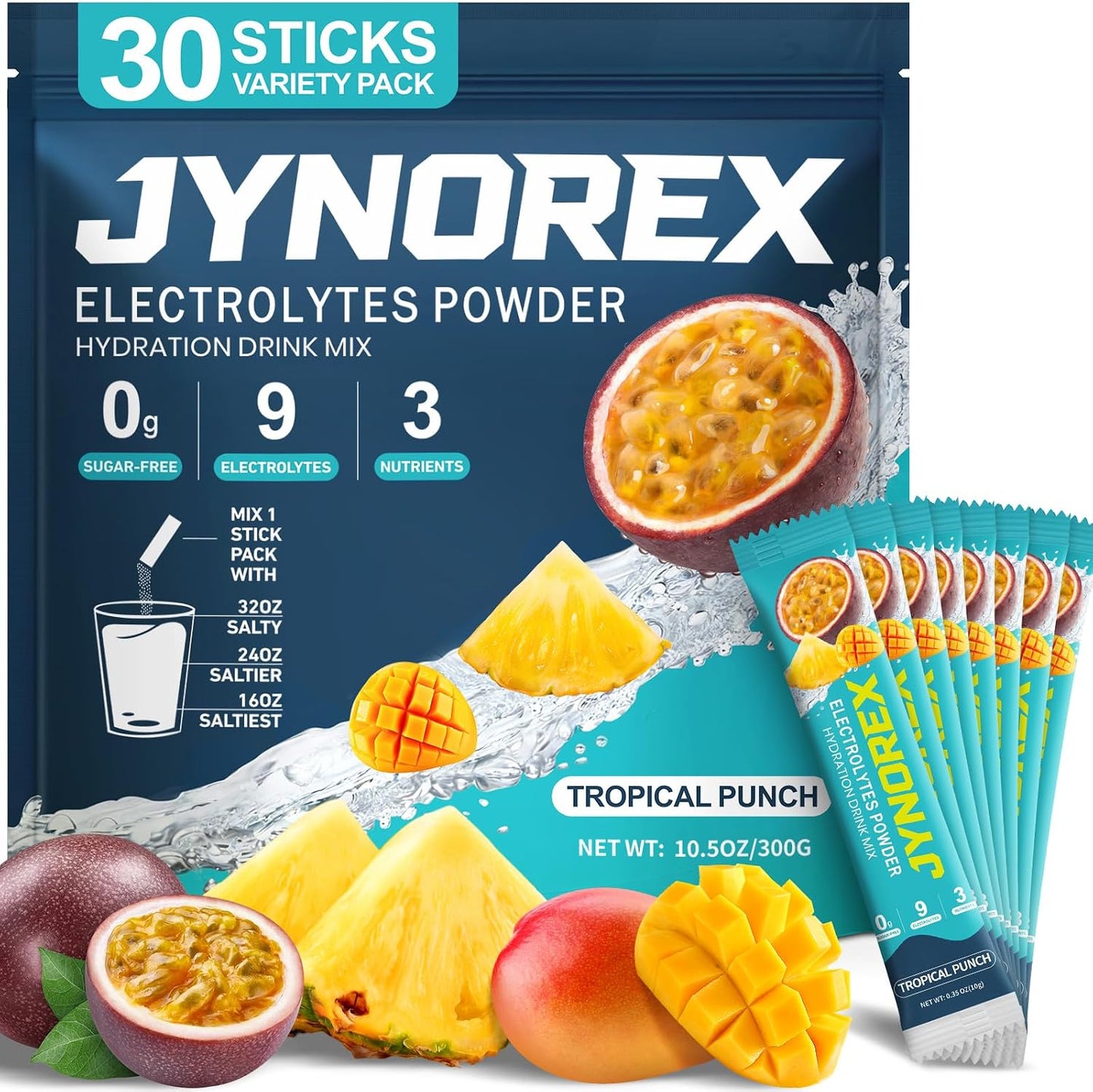 Electrolytes Powder Packets Sugar Free, 30 Sticks High Sodium Hydration Packets, Electrolyte Drink Mix with Lemon Lime Watermelon Peach Berry Kiwi Tropical Punch Lychee Cranberry, 10.5OZ