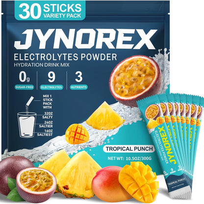 Electrolytes Powder Packets Sugar Free, 30 Sticks High Sodium Hydration Packets, Electrolyte Drink Mix with Lemon Lime Watermelon Peach Berry Kiwi Tropical Punch Lychee Cranberry, 10.5OZ