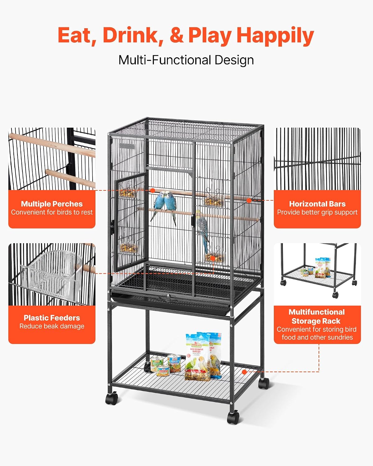 VEVOR Bird Cage, 24.6 x 16.7 x 53.9 inch, Flat Top, Wrought Iron Bird Flight Cage with Perches, Slide-Out Tray and Plastic Feeders, Casters, for Parrot, Blue Tit, Cockatiel, Canary, Budgerigar, Conure