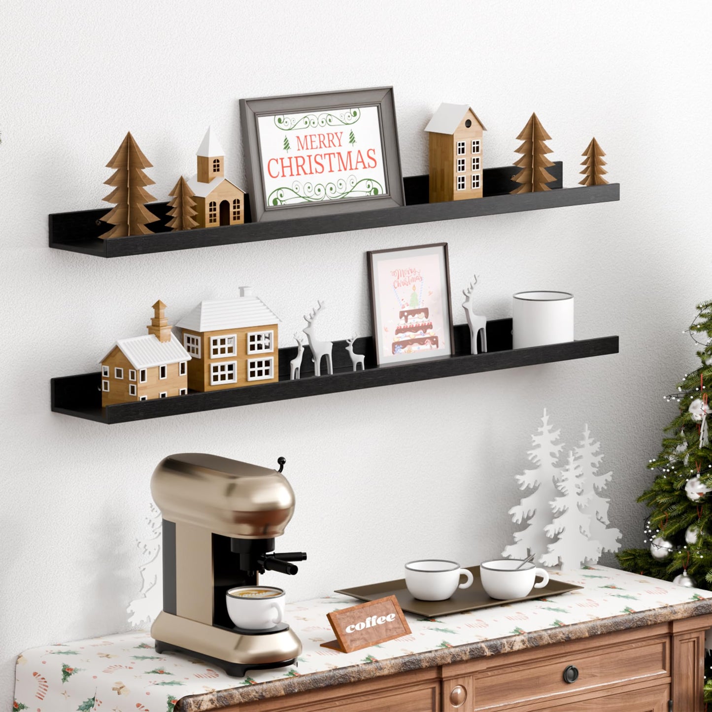 upsimples Floating Shelves for Wall, Wall Shelves for Decor Storage Set of 6, Wall Mounted Wood Shelf for Bedroom, Living Room, Bathroom, Kitchen, Picture Ledge Shelf, Black