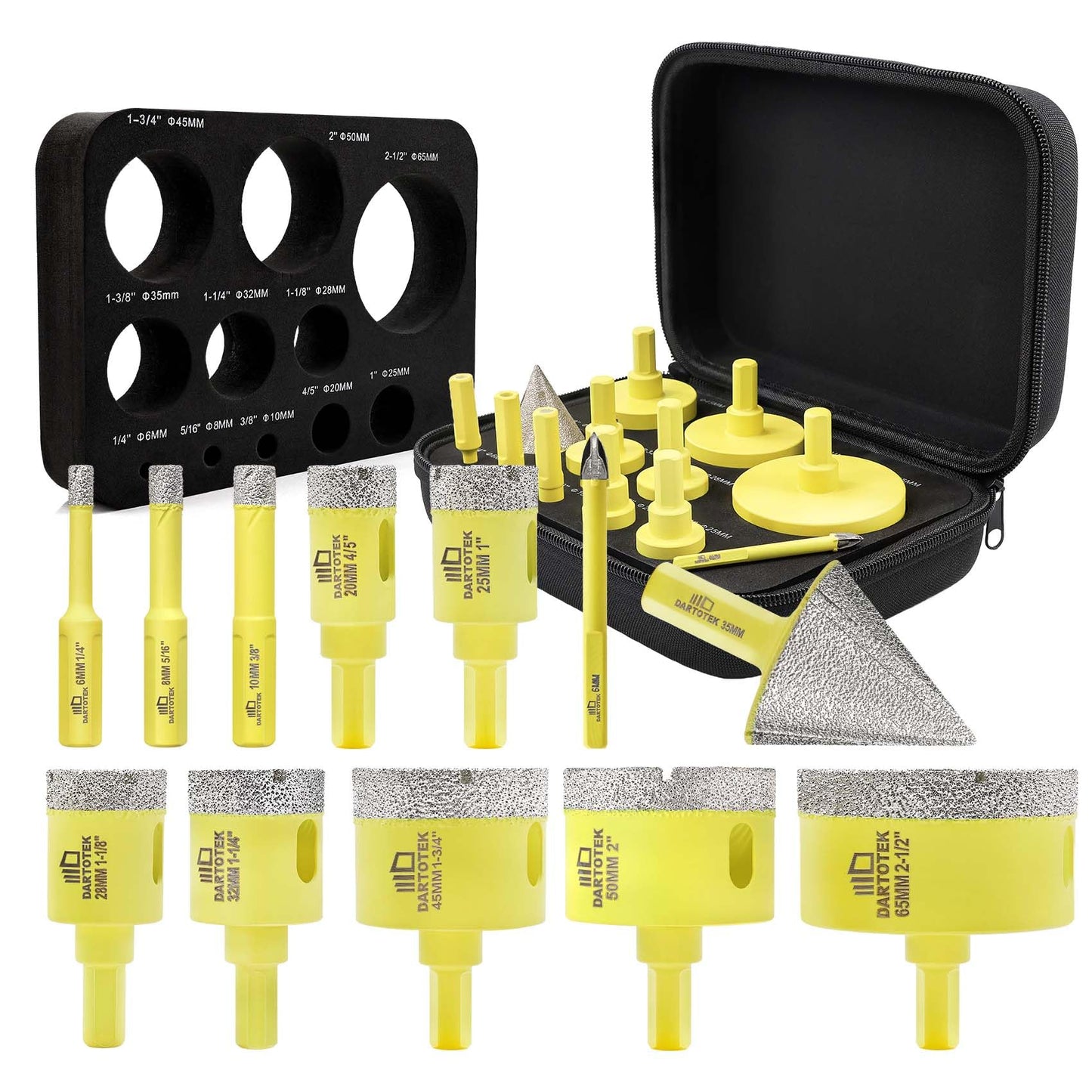 Diamond Core Drill Bits Set for Tile, DARTOTEK 10PCS Porcelain Hole Saw Kit with Aluminum Case, (6/6/8/20/35/50/65mm+2" Chamfer bit +SDS Adapter, Dry/Wet Drilling for Ceramic, Granite & Marble