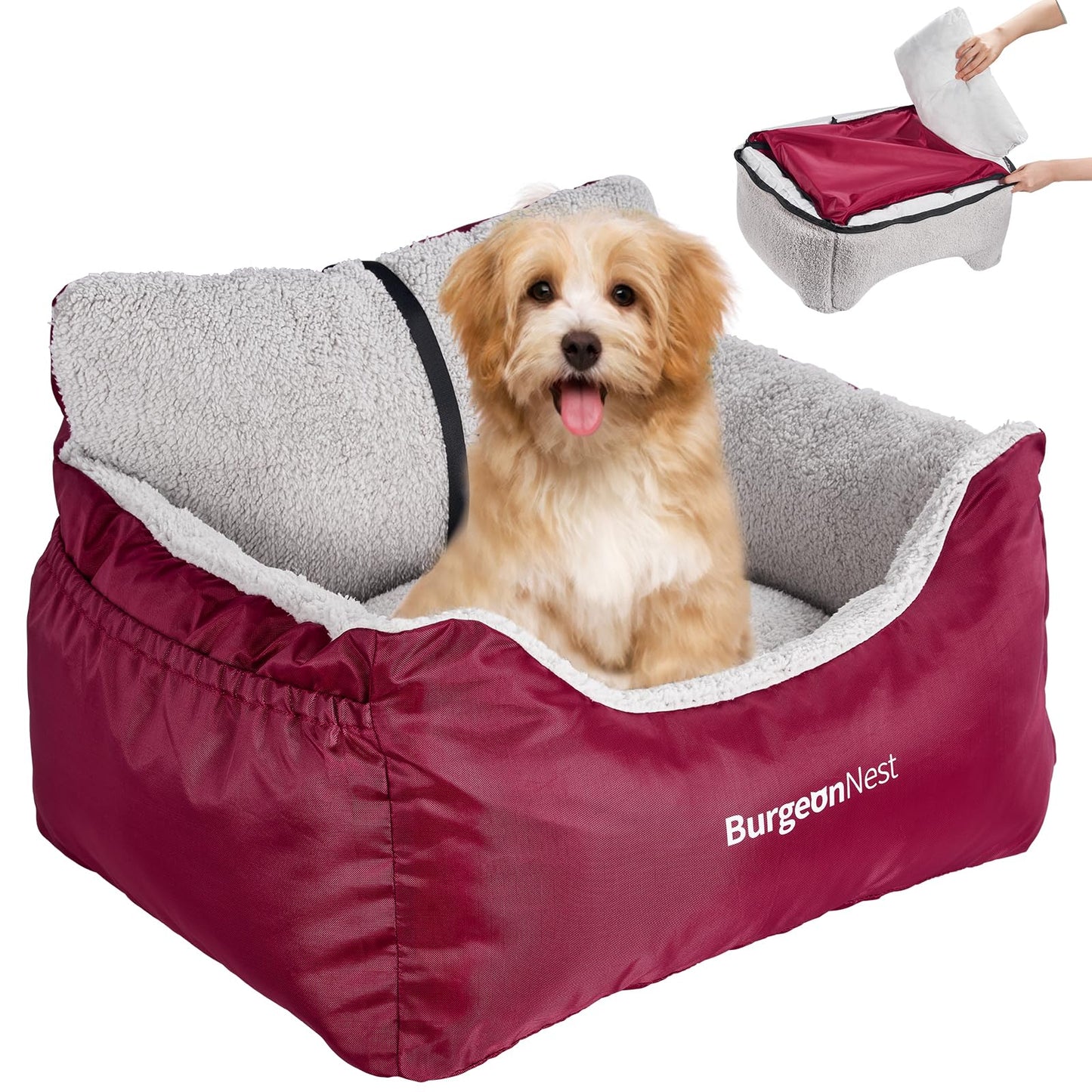 BurgeonNest Dog Car Seat for Small Dogs, Soft Pet Car Travel Home Bed Under 25 lbs, Fully Detachable and Washable Cat Booster Carseats with Storage Pockets and Clip-On Leash Portable Carrier,Black