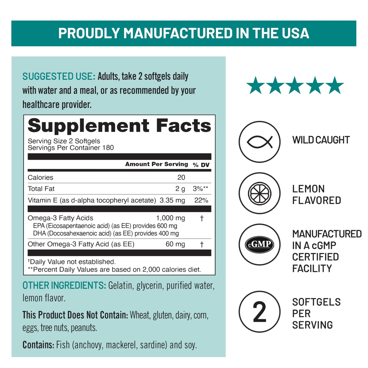 NatureWise Extra-Strength Omega 3 Fish Oil Supplement - 1000mg per Serving - 600 EPA & 400 DHA and Vitamin E - Sustainably Sourced Fish Oil - Lemon Flavor - 60 Softgels[1-Month Supply]