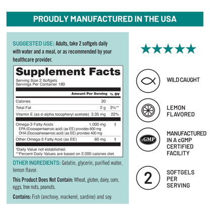 NatureWise Extra-Strength Omega 3 Fish Oil Supplement - 1000mg per Serving - 600 EPA & 400 DHA and Vitamin E - Sustainably Sourced Fish Oil - Lemon Flavor - 60 Softgels[1-Month Supply]