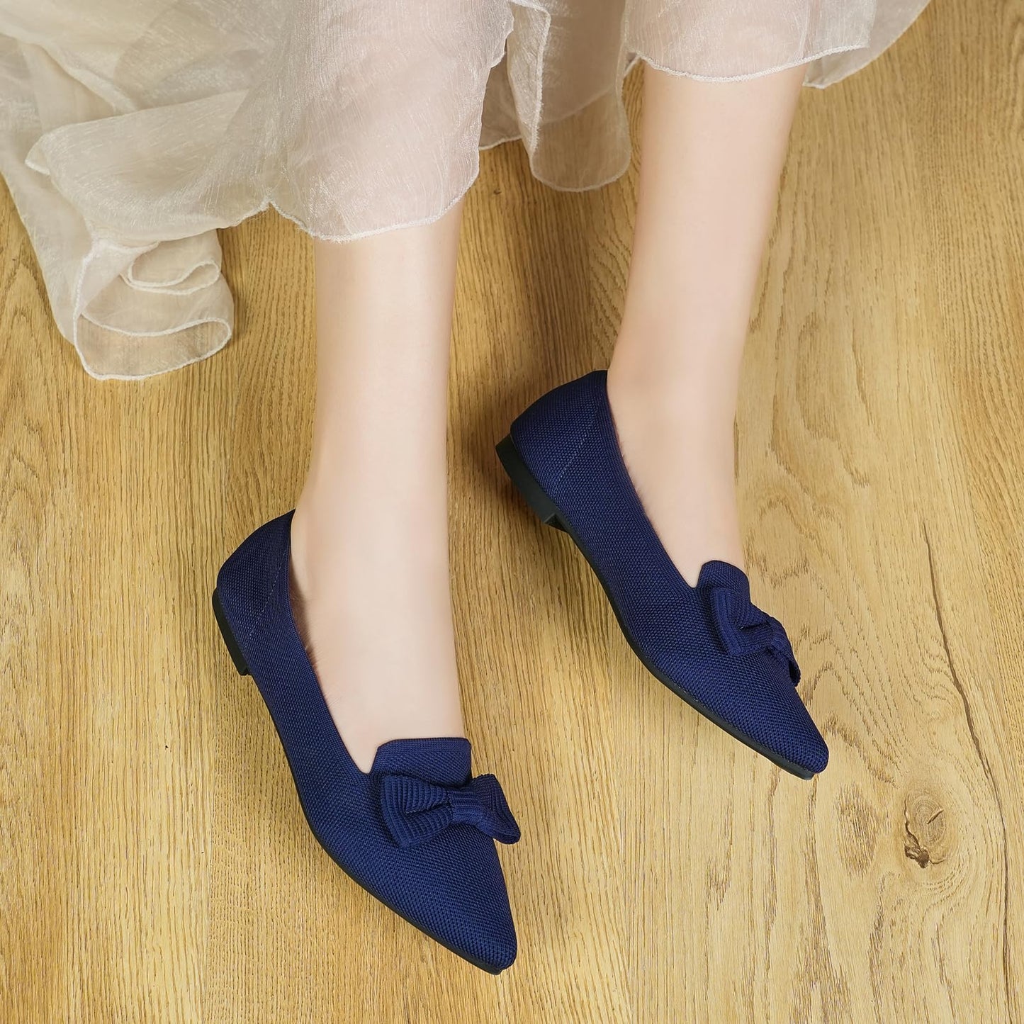 Flats for Women Mesh Ballet Flats with Bow Pointed Toe Comfortable Dressy Knit Breathable for Work Office