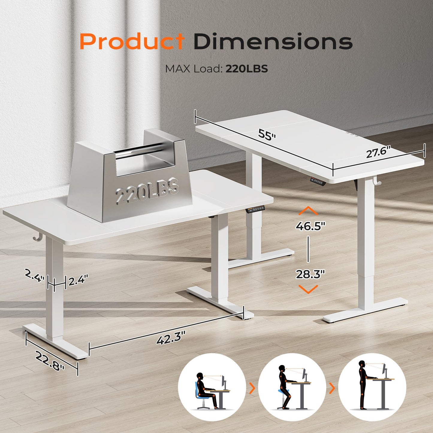 Huuger 55 x 28 Large Electric Standing Desk, Height Adjustable Computer Desk, 27.6" Deep Desktop, Stand up Gaming Office Table with 2 Hooks, 3 Preset Heights, for Home Office, Black
