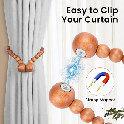 KLOGTSIND Magnetic Curtain Tiebacks, Curtain Holdbacks for Curtains 2 Pack, Wood Bead Curtain Holders for Boho Bedroom Decor, Baby Nursery Decor, Farmhouse Decor