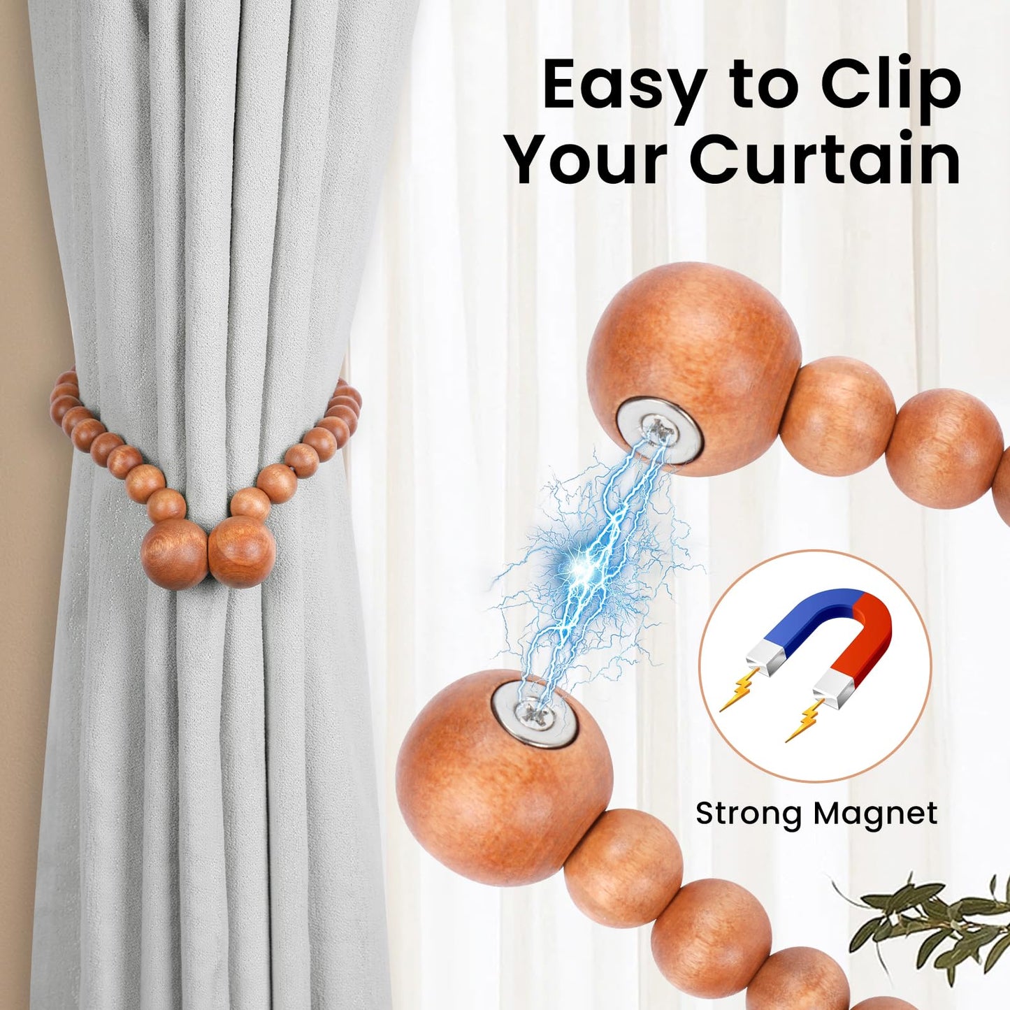 KLOGTSIND Magnetic Curtain Tiebacks, Curtain Holdbacks for Curtains 2 Pack, Wood Bead Curtain Holders for Boho Bedroom Decor, Baby Nursery Decor, Farmhouse Decor