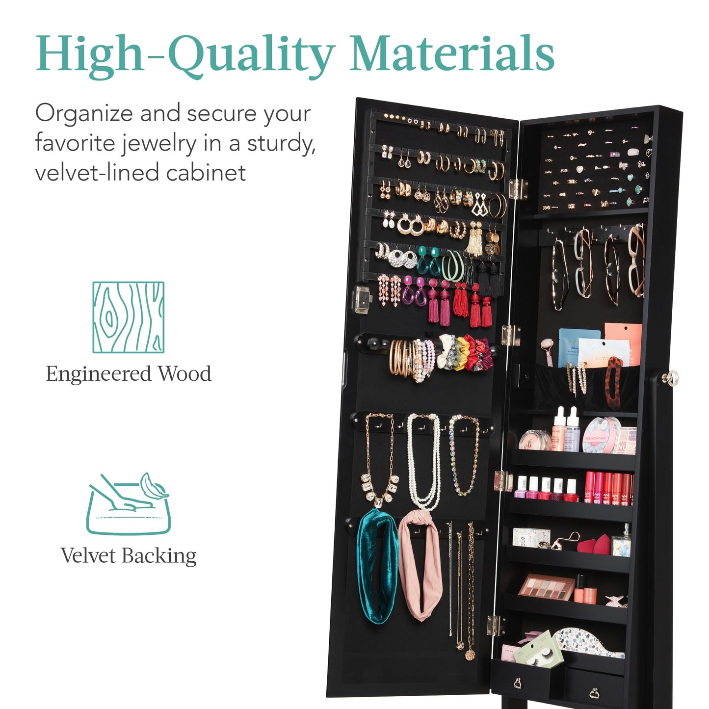 Best Choice Products Freestanding Jewelry Armoire Cabinet, Full Length Standing Mirror, Lockable Makeup Storage Organizer, w/Velvet Lining, 3 Angles, Lock, Accessory Pouch, 5 Shelves - White