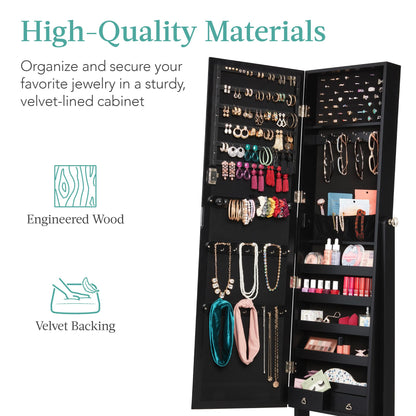 Best Choice Products Freestanding Jewelry Armoire Cabinet, Full Length Standing Mirror, Lockable Makeup Storage Organizer, w/Velvet Lining, 3 Angles, Lock, Accessory Pouch, 5 Shelves - White