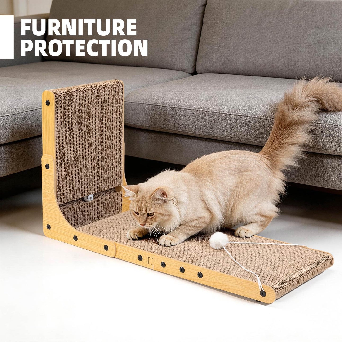 Value 2-Pack 23.6 Inch L-Shaped Cardboard Cat Scratcher, Dual Use (Vert/Horiz) Scratch Pad with Toy Balls, Wall-Mountable Furniture Protector Cat Scratchers for Indoor Cats