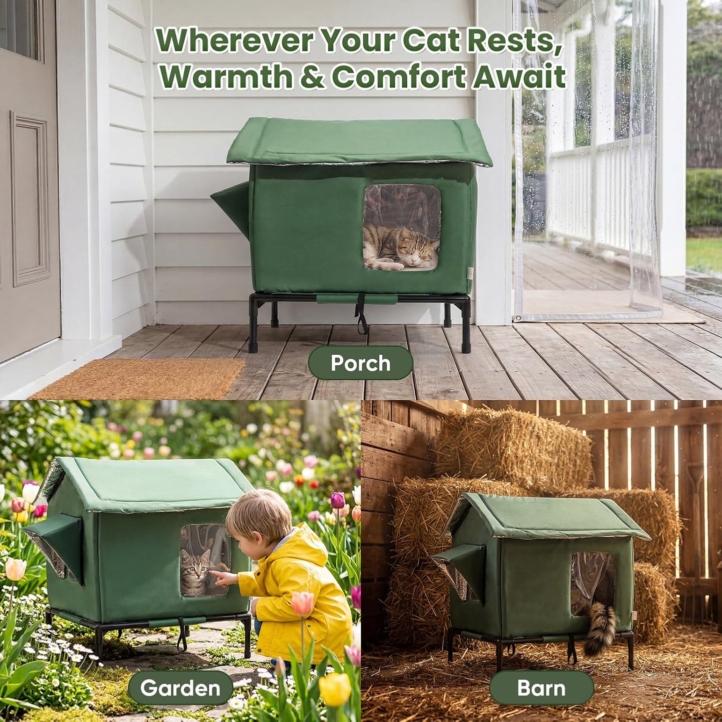 JUNSPOW Outdoor Cat House Weatherproof - All-Season Insulated Cat Shelter for Stray & Feral Cats, Spacious 17.7" L x 15.7" W x 21.6" H Interior, Waterproof & Windproof Design for Yard, Porch, Garage