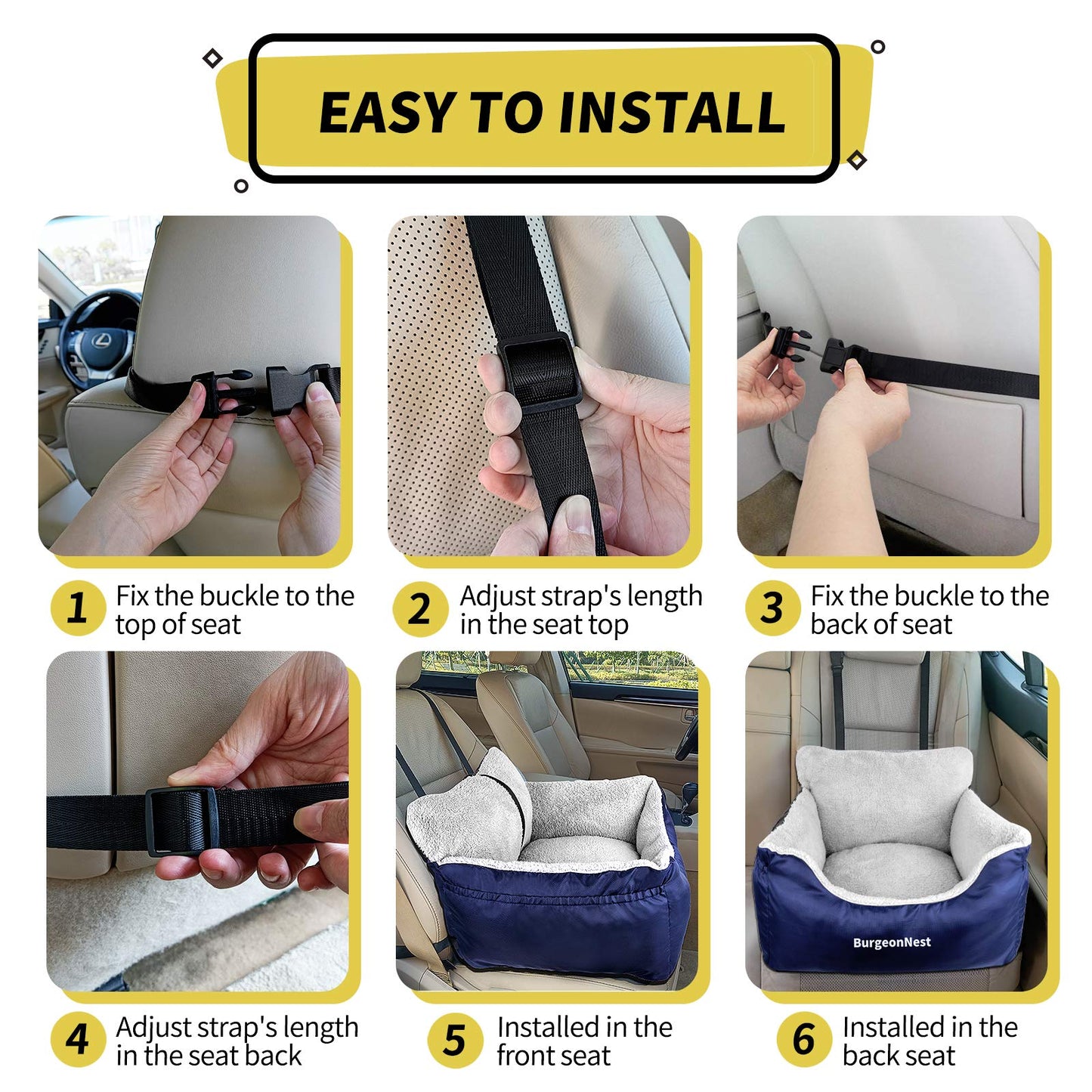 BurgeonNest Dog Car Seat for Small Dogs, Soft Pet Car Travel Home Bed Under 25 lbs, Fully Detachable and Washable Cat Booster Carseats with Storage Pockets and Clip-On Leash Portable Carrier,Black