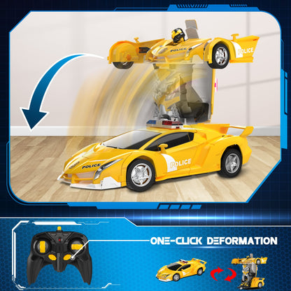 FDJ Remote Control Car - Transform Toys Car Robot, One Button Deformation to Robot with Flashing Light, 2.4Ghz 1:18 Scale Transforming Police Car Kids Toys with 360 Degree Rotating, Girls Boys Toys
