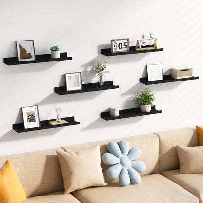 upsimples Floating Shelves for Wall, Wall Shelves for Decor Storage Set of 6, Wall Mounted Wood Shelf for Bedroom, Living Room, Bathroom, Kitchen, Picture Ledge Shelf, Black