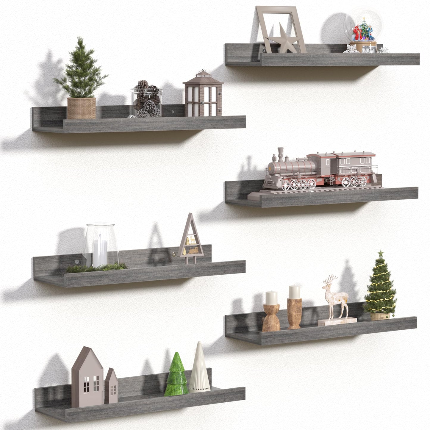 upsimples Floating Shelves for Wall, Wall Shelves for Decor Storage Set of 6, Wall Mounted Wood Shelf for Bedroom, Living Room, Bathroom, Kitchen, Picture Ledge Shelf, Black