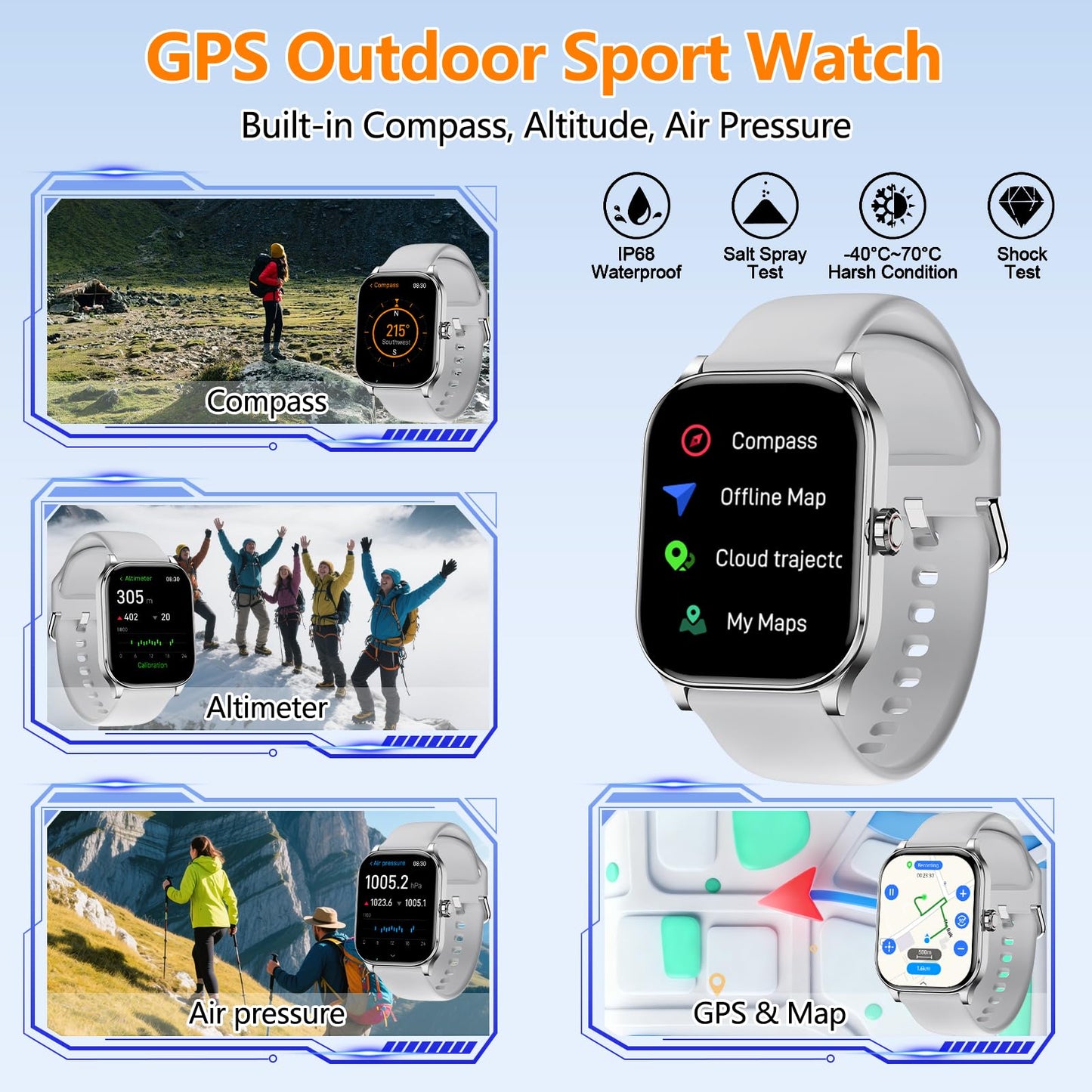 Smart Watch for Women Men, GPS Smartwatches with Heart Rate/SpO2/Sleep/Stress Monitor, 100+ Sports Fitness Watches, IP68 Waterproof Activity Tracker for Android/ iOS Phone (Silver, 1.96"_GPS+Map)