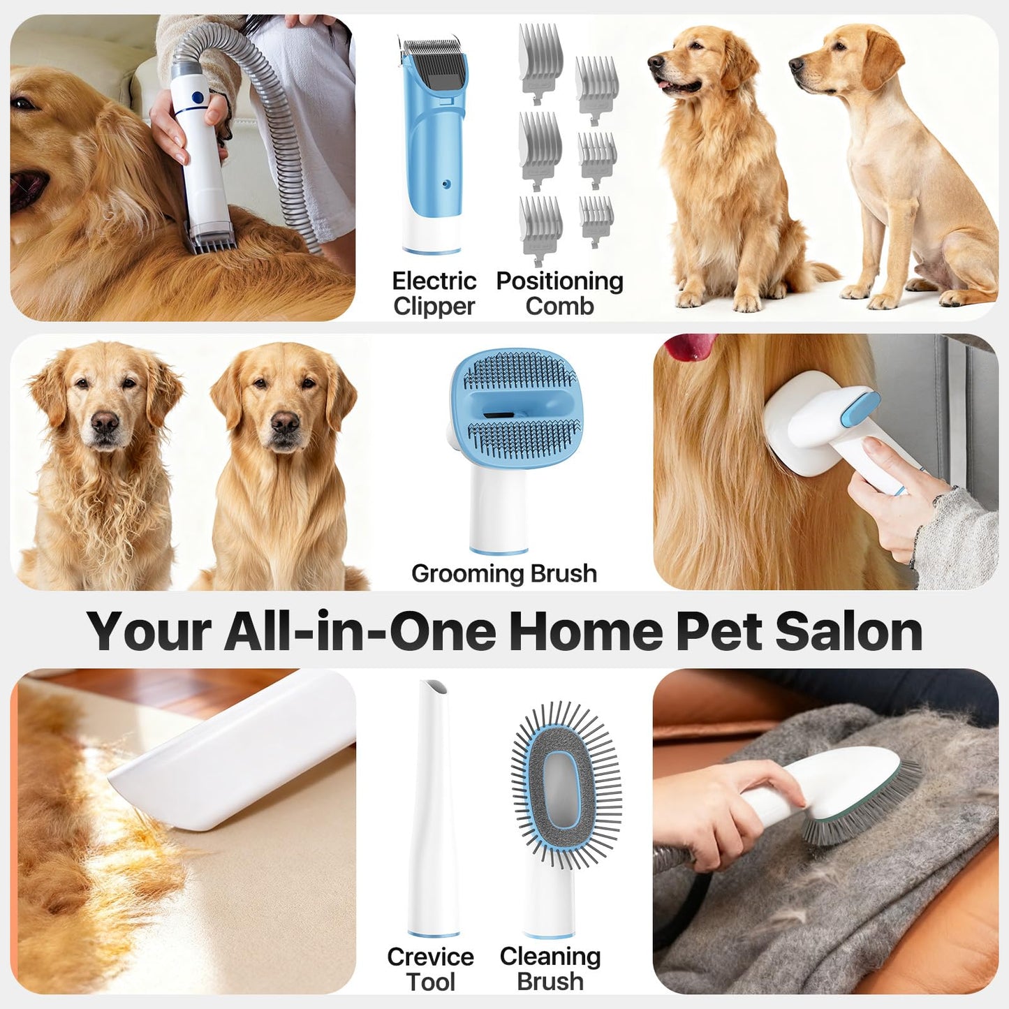 Buenkee Dog Grooming Vacuum Kit, 15000Pa Clipper, Shedding Brush, 2L, White | Brush, trim and deshed at home with less flying fur, mess-control suction and fewer emptying breaks during longer sessions