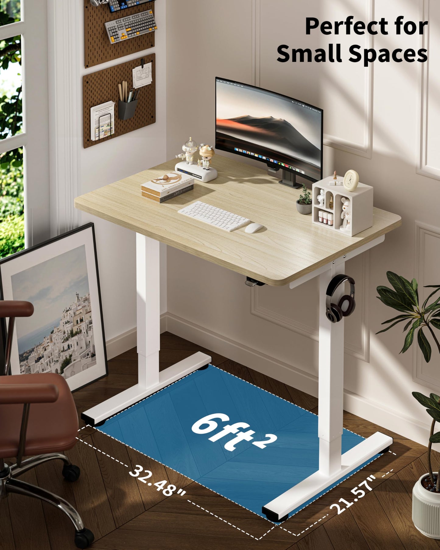 Okin Small Electric Standing Desk, 36" x 24" Whole Piece Height Adjustable Desk, Oak Sit to Stand Computer Workstation with Wheels for Home Office
