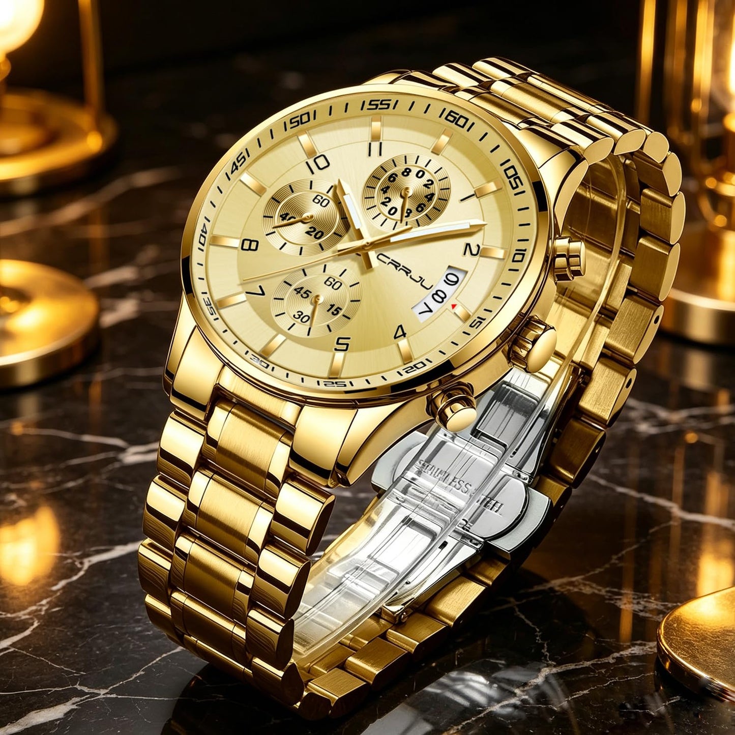 CRRJU Men's Fashion Stainless Steel Watches Date Waterproof Chronograph Wristwatches,Black Steel Band Waterproof Quartz Watch for Men