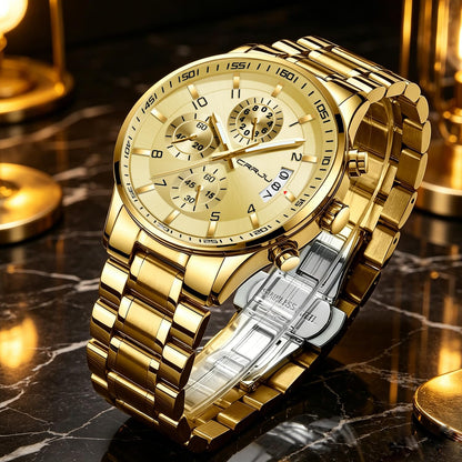 CRRJU Men's Fashion Stainless Steel Watches Date Waterproof Chronograph Wristwatches,Black Steel Band Waterproof Quartz Watch for Men