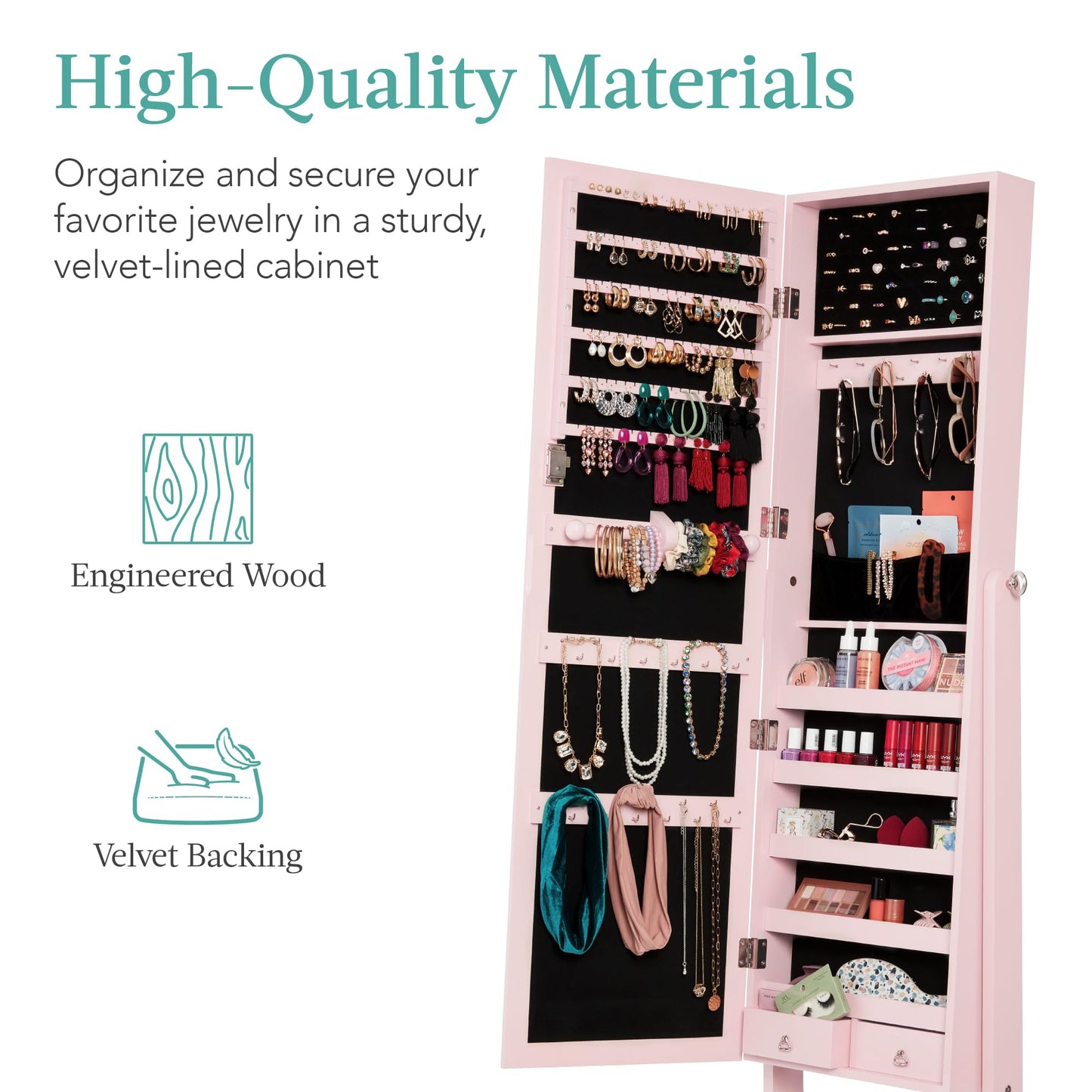 Best Choice Products Freestanding Jewelry Armoire Cabinet, Full Length Standing Mirror, Lockable Makeup Storage Organizer, w/Velvet Lining, 3 Angles, Lock, Accessory Pouch, 5 Shelves - White