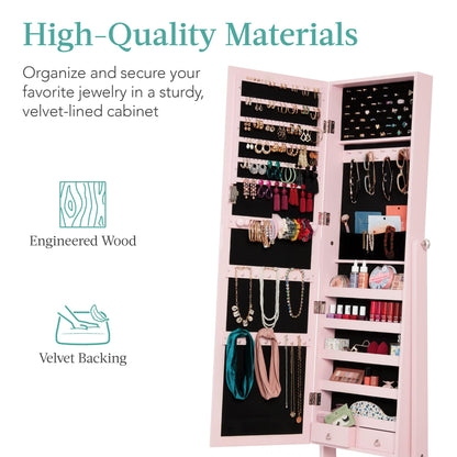 Best Choice Products Freestanding Jewelry Armoire Cabinet, Full Length Standing Mirror, Lockable Makeup Storage Organizer, w/Velvet Lining, 3 Angles, Lock, Accessory Pouch, 5 Shelves - White