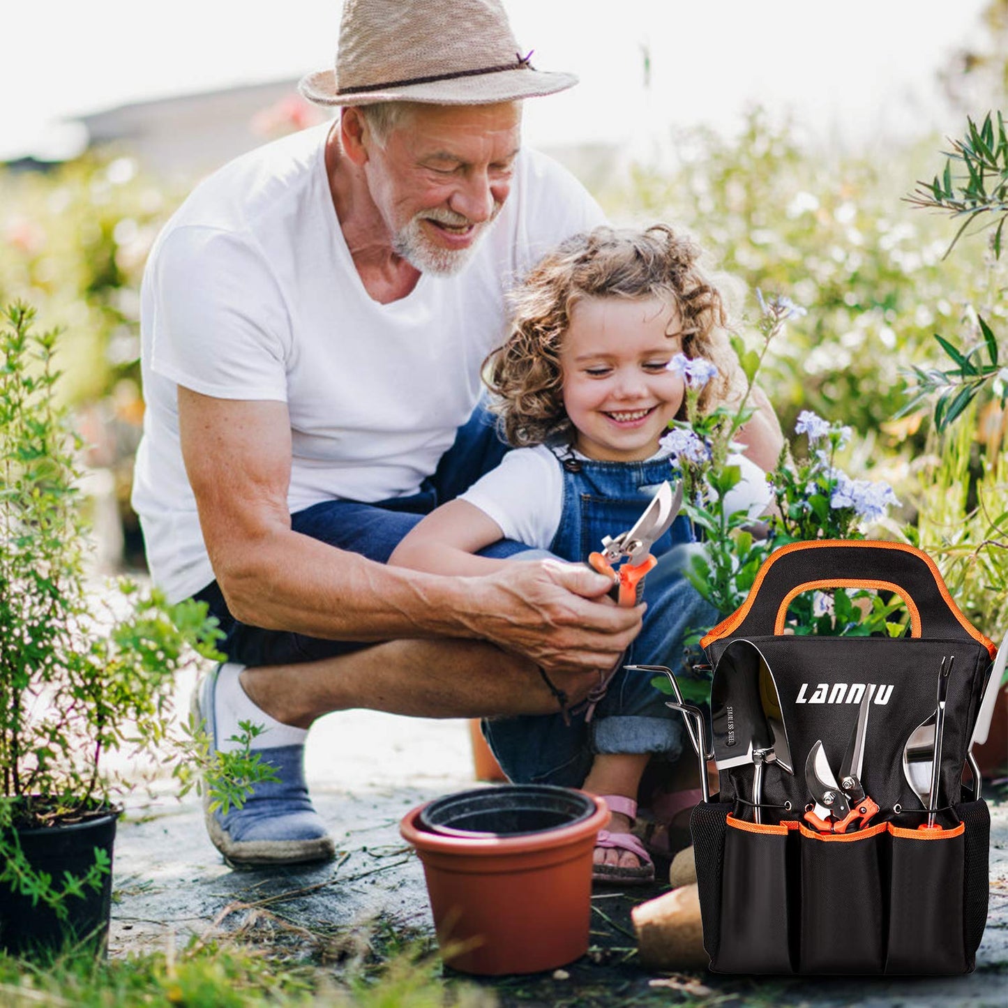 9 Piece Garden Tool Set | Heavy Duty Stainless Steel, Ergonomic Non-Slip Rubber Handles, Pruning Shears, Trowel, 600D Storage Tote Bag