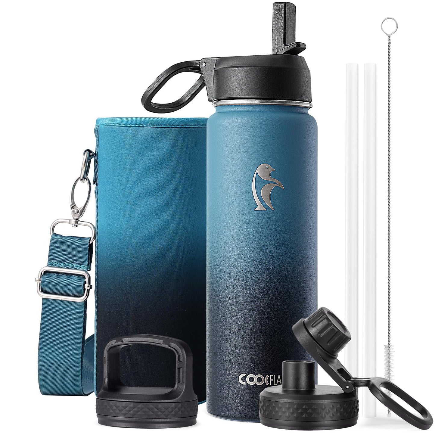 Half Gallon Water Bottle Insulated with Straw & 3 Lids, Coolflask 64 oz Water Jug Large Metal Stainless Steel Wide Mouth for Sports, Gym or Office, Non-BPA Keep Cold 48H Hot 24H, Samurai Cyan