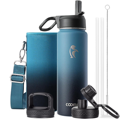 Half Gallon Water Bottle Insulated with Straw & 3 Lids, Coolflask 64 oz Water Jug Large Metal Stainless Steel Wide Mouth for Sports, Gym or Office, Non-BPA Keep Cold 48H Hot 24H, Samurai Cyan