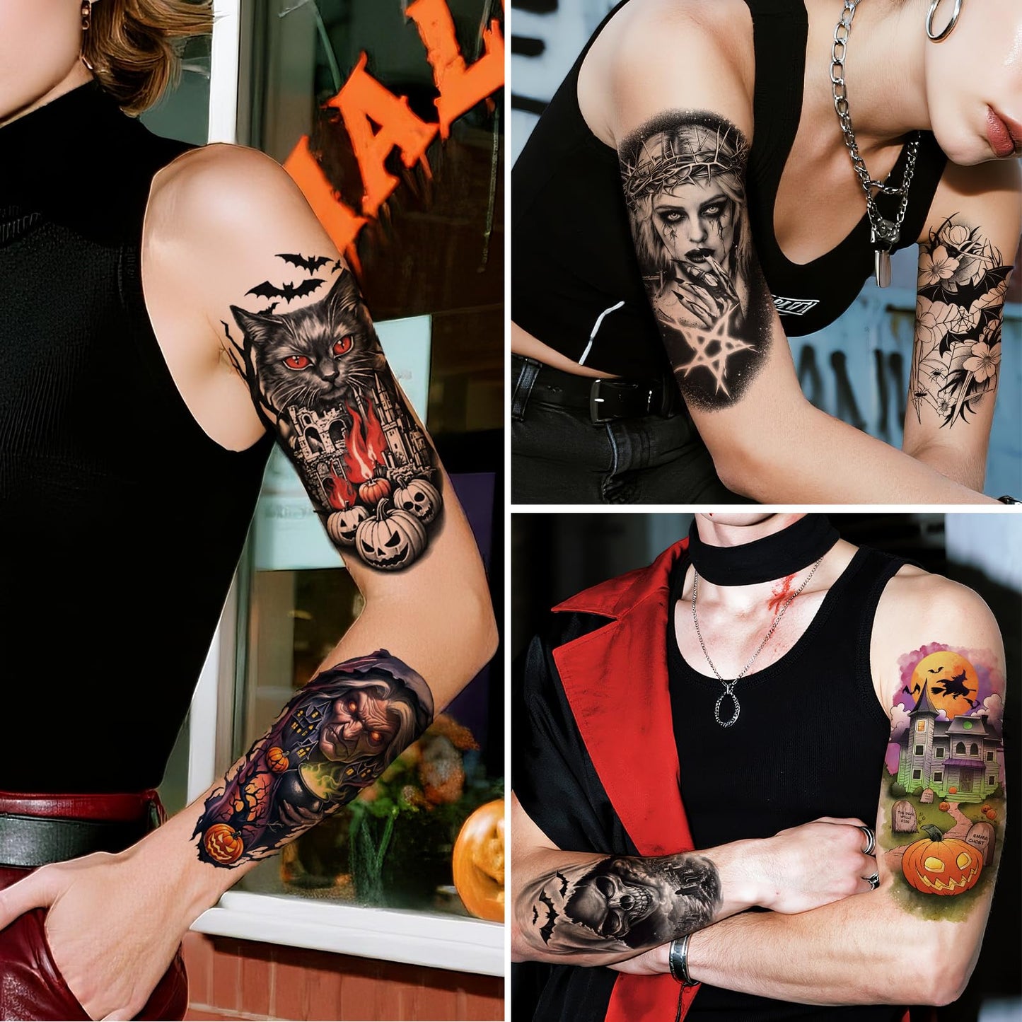 Yazhiji 36 Sheets Temporary Tattoos Stickers, 12 Sheets Fake Body Arm Chest Shoulder Tattoos for Men or Women with 24 PCS Tiny Black Tattoos