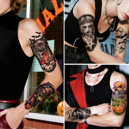 Yazhiji 36 Sheets Temporary Tattoos Stickers, 12 Sheets Fake Body Arm Chest Shoulder Tattoos for Men or Women with 24 PCS Tiny Black Tattoos