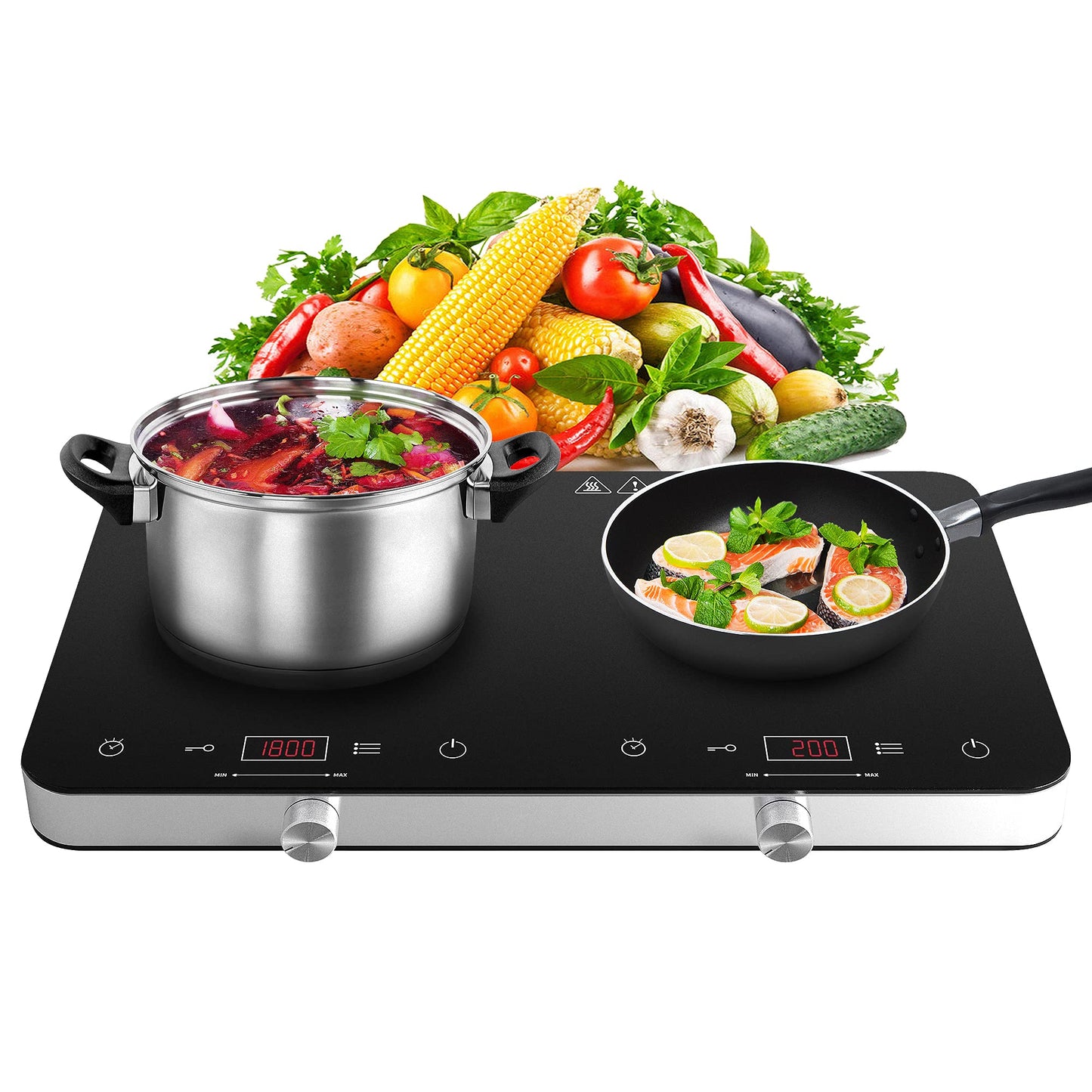 COOKTRON Double Induction Cooktop Burner with Fast Warm-Up Mode, 1800w 2 Burner with 10 Temperature 9 Power Settings, Portable Dual Induction Cooker Cooktop with Child Safety Lock & Time