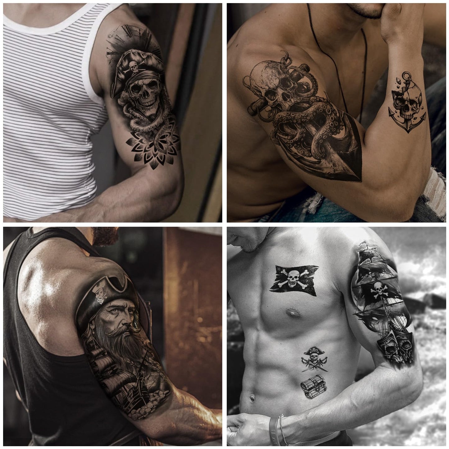 Yazhiji 36 Sheets Temporary Tattoos Stickers, 12 Sheets Fake Body Arm Chest Shoulder Tattoos for Men or Women with 24 PCS Tiny Black Tattoos