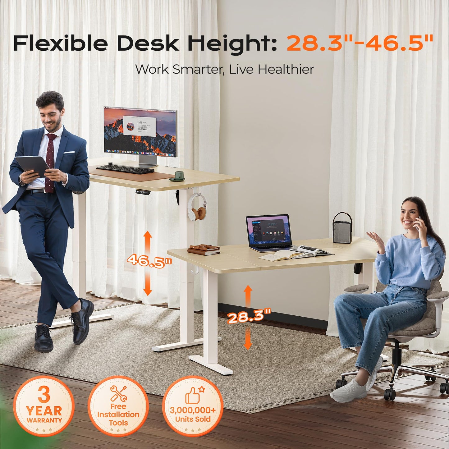 Huuger 55 x 28 Large Electric Standing Desk, Height Adjustable Computer Desk, 27.6" Deep Desktop, Stand up Gaming Office Table with 2 Hooks, 3 Preset Heights, for Home Office, Black