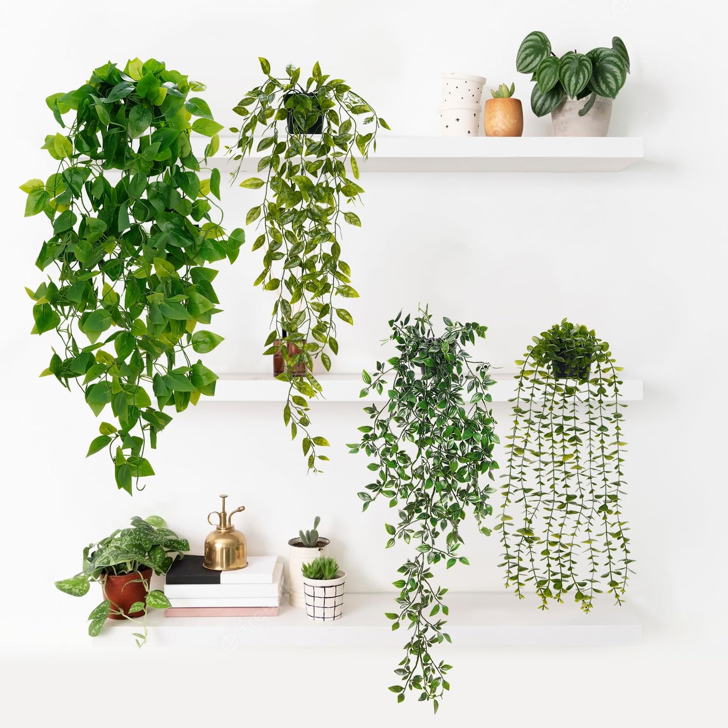 BLEUM CADE Fake Hanging Plants, 2pcs Artificial Pothos Vines Faux Plants Greenery for Wall Home Living Room Office Indoor Outdoor Decor (No Baskets)