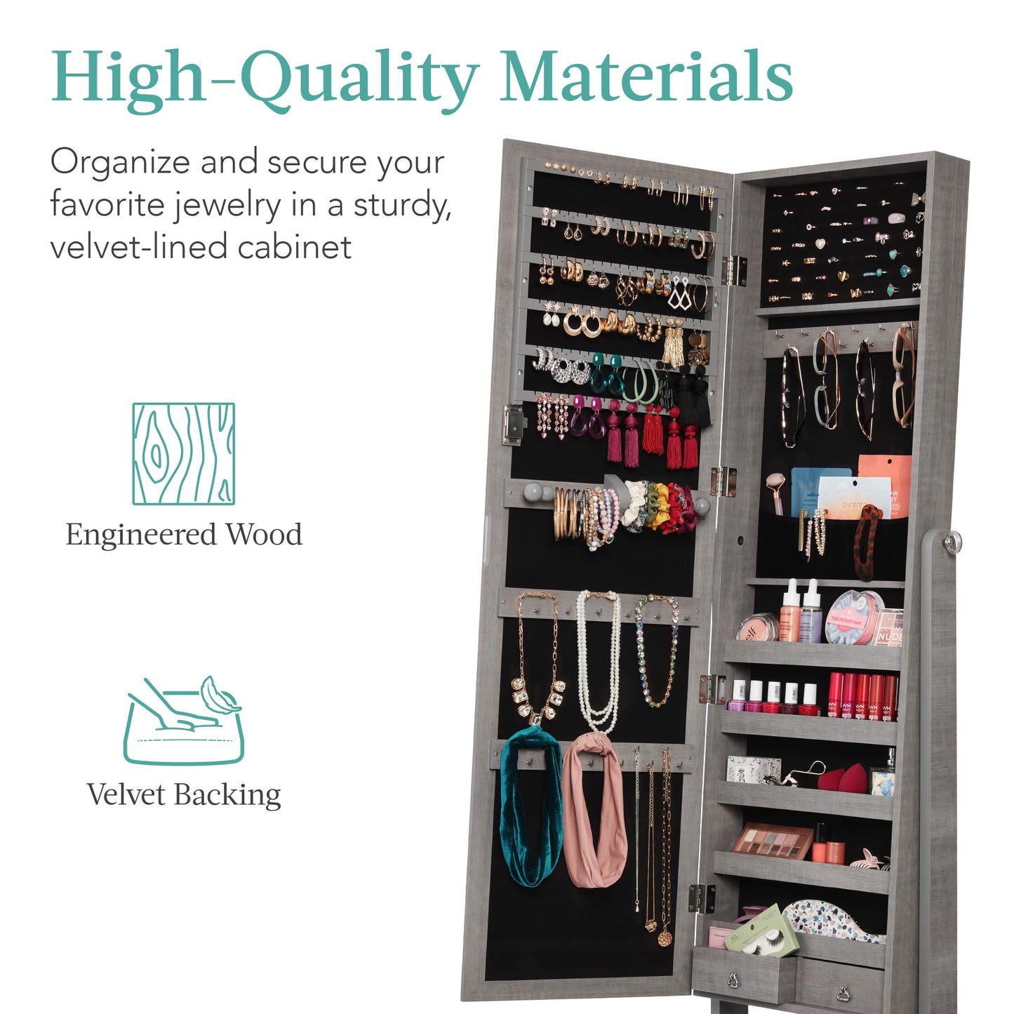 Best Choice Products Freestanding Jewelry Armoire Cabinet, Full Length Standing Mirror, Lockable Makeup Storage Organizer, w/Velvet Lining, 3 Angles, Lock, Accessory Pouch, 5 Shelves - White