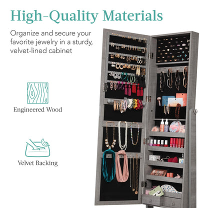 Best Choice Products Freestanding Jewelry Armoire Cabinet, Full Length Standing Mirror, Lockable Makeup Storage Organizer, w/Velvet Lining, 3 Angles, Lock, Accessory Pouch, 5 Shelves - White
