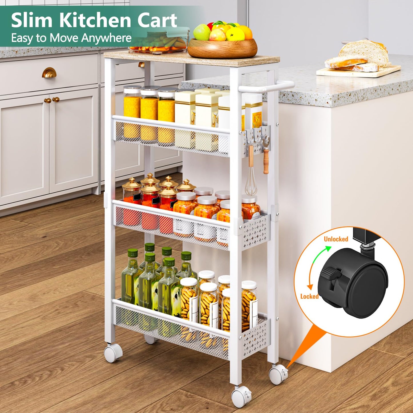 Vivihomety Utility Slim Storage Cart with Wheels, 4 Tier Small Rolling Cart with Wood Top, Metal Kitchen Bathroom Laundry Room Organization Trolley with Handle for Narrow Space – Black