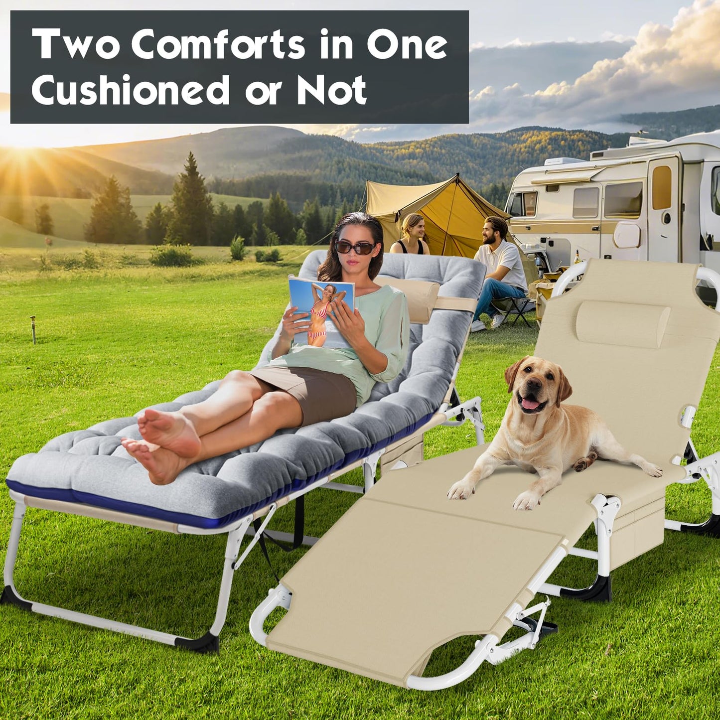 MOPHOTO Folding Lounge Chair 5-Position, Folding Cot, Portable Outdoor Chaise Lounge Chair for Sun Tanning, Perfect for Pool Beach Patio Sunbathing